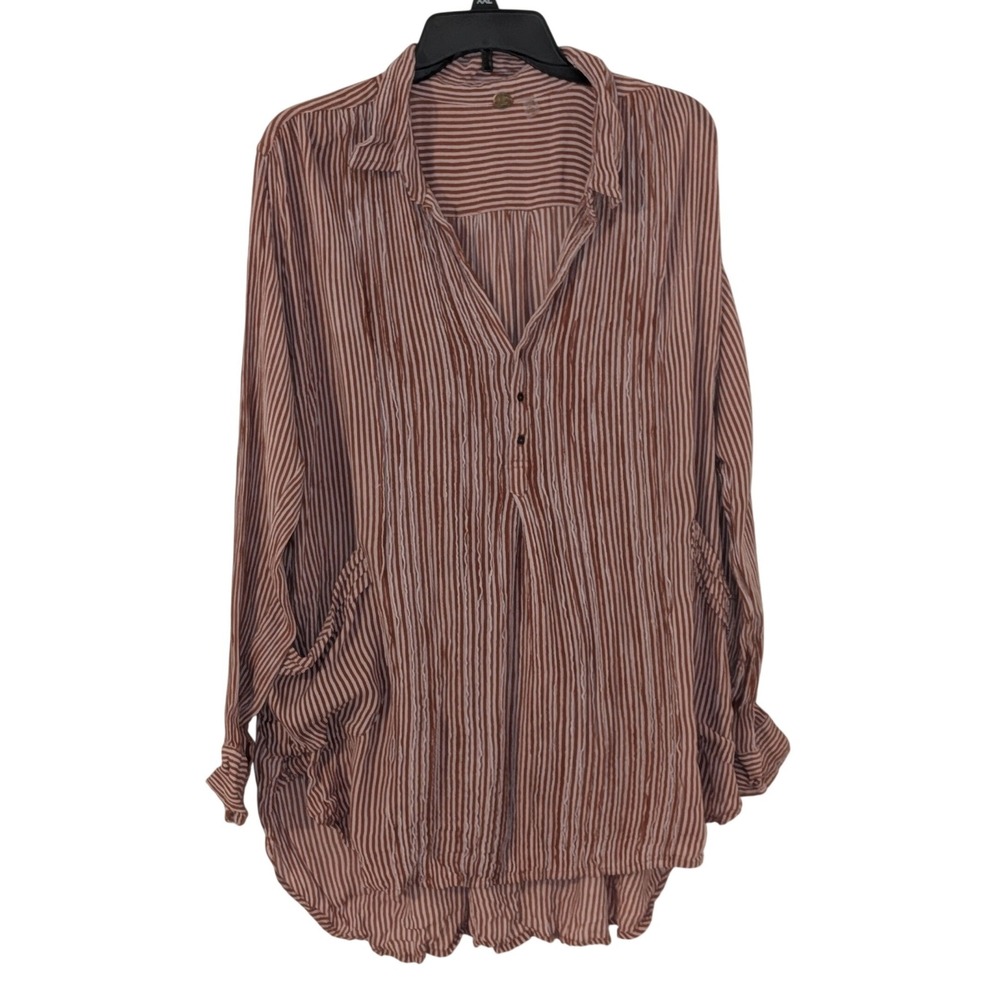 Free People FP One Striped Tunic Top XS Terracotta Boho Oversized V-Neck Pockets